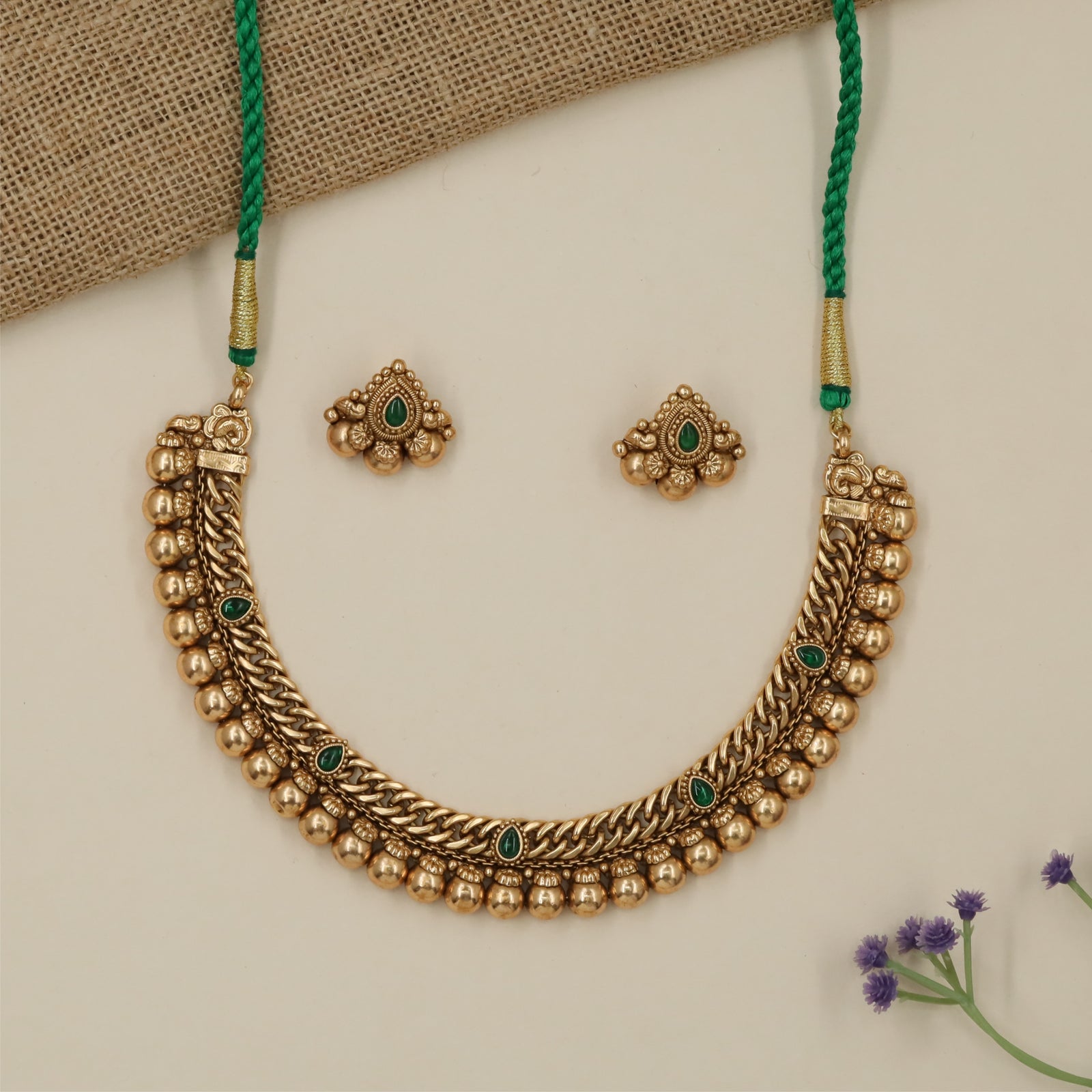 Braided Collar Antique Necklace with Rounded Bead Fringe Borders