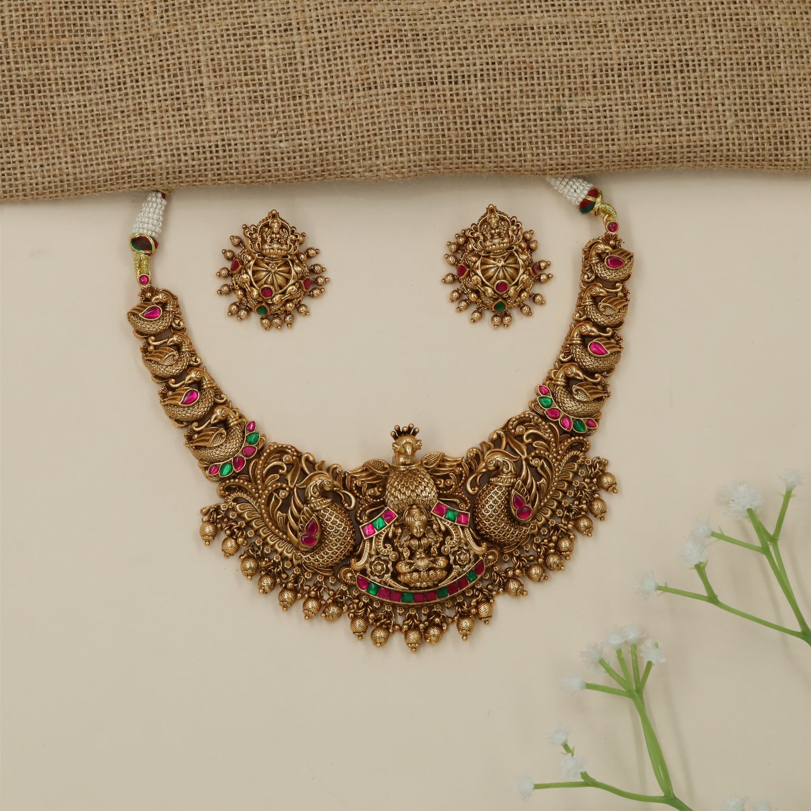 Temple Lakshmi Peacock Carving Antique Necklace with Hanging Fringe