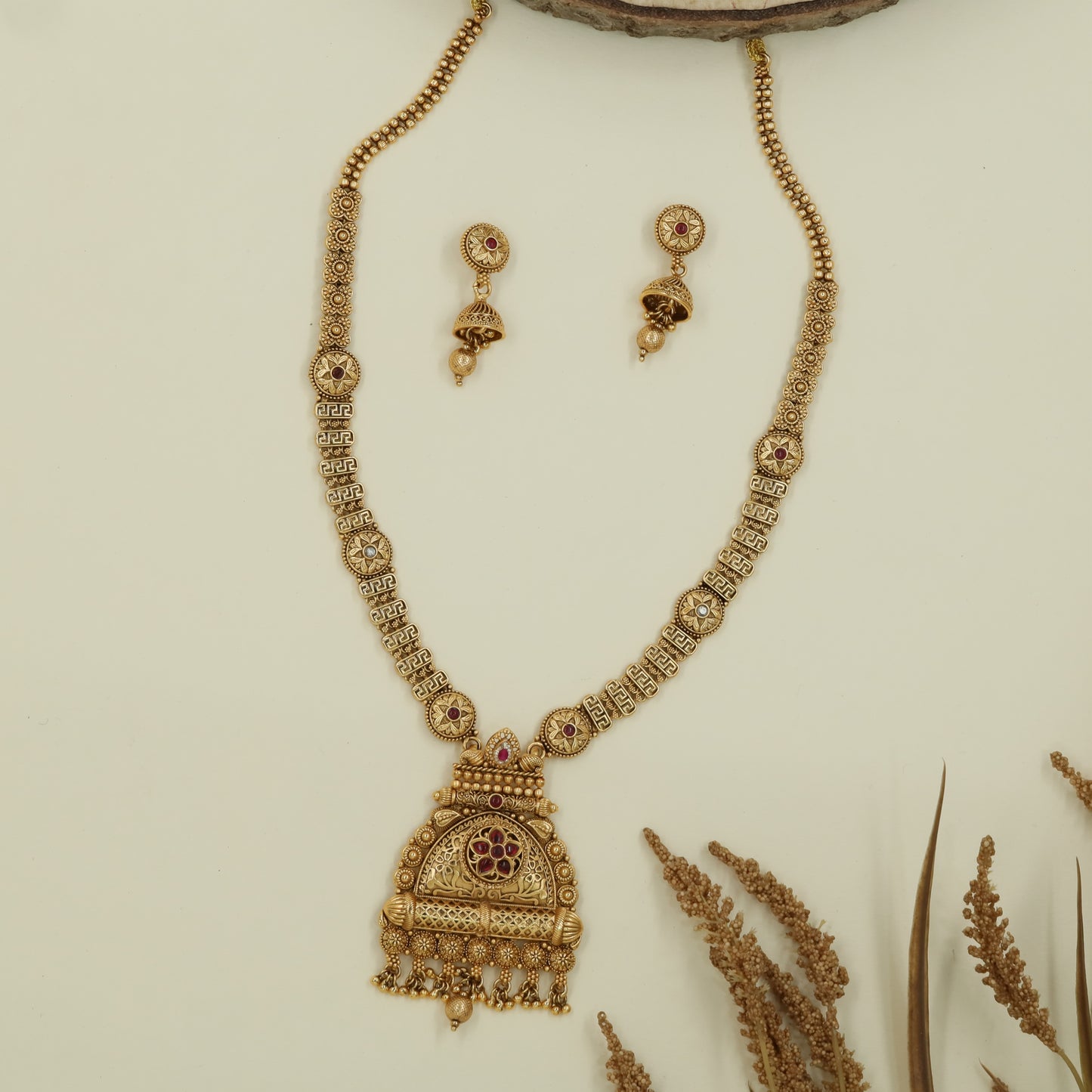 Anchor link antique long haara with bead strands and temple pendant with fringe drops