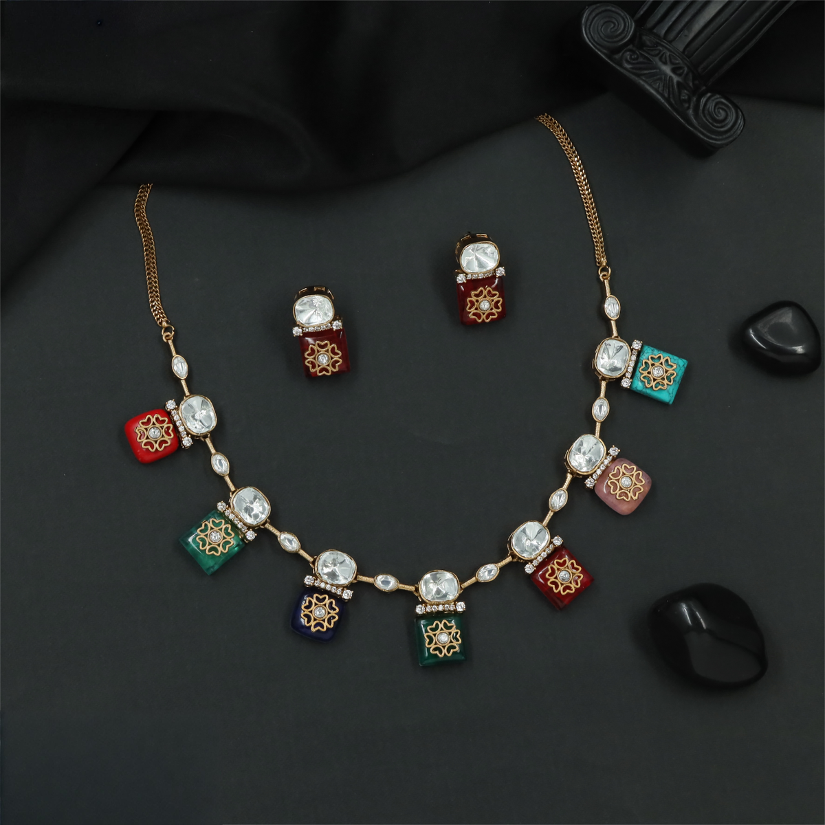 Floral Tile Kundan Necklace with Hanging Square Charm Detailing