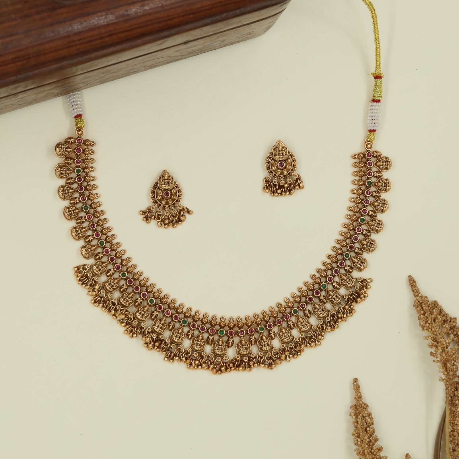 Curved coin panel antique necklace with Lakshmi repeat links