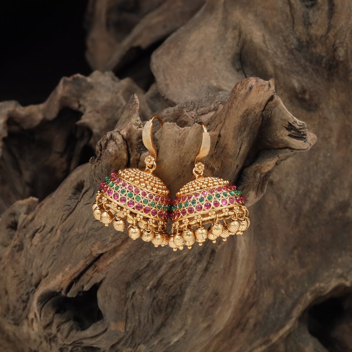 Textured dome antique jumka with dense bead hangings and fringe edge