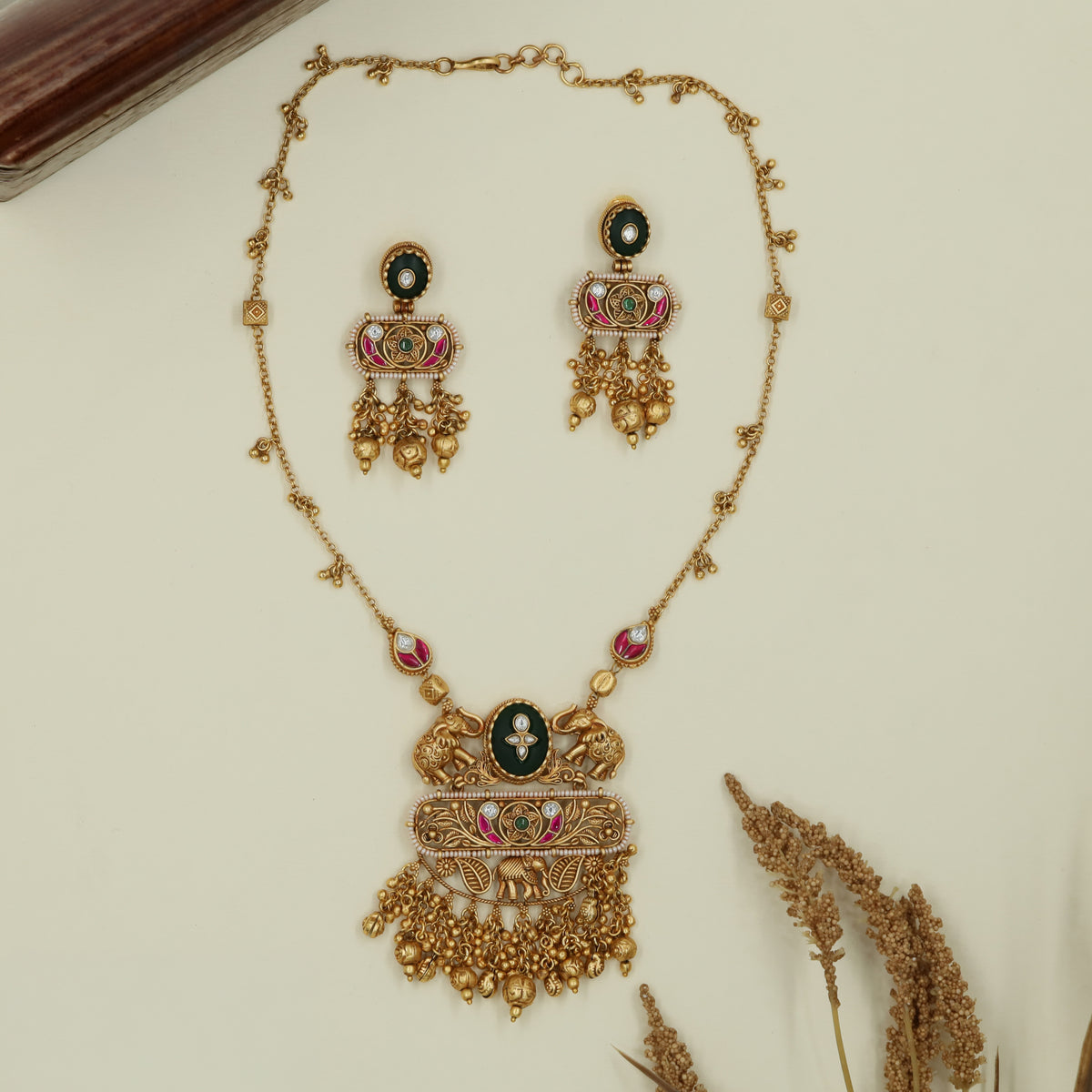 Floral Scrollwork Kundan Long Haara with Elephant Details