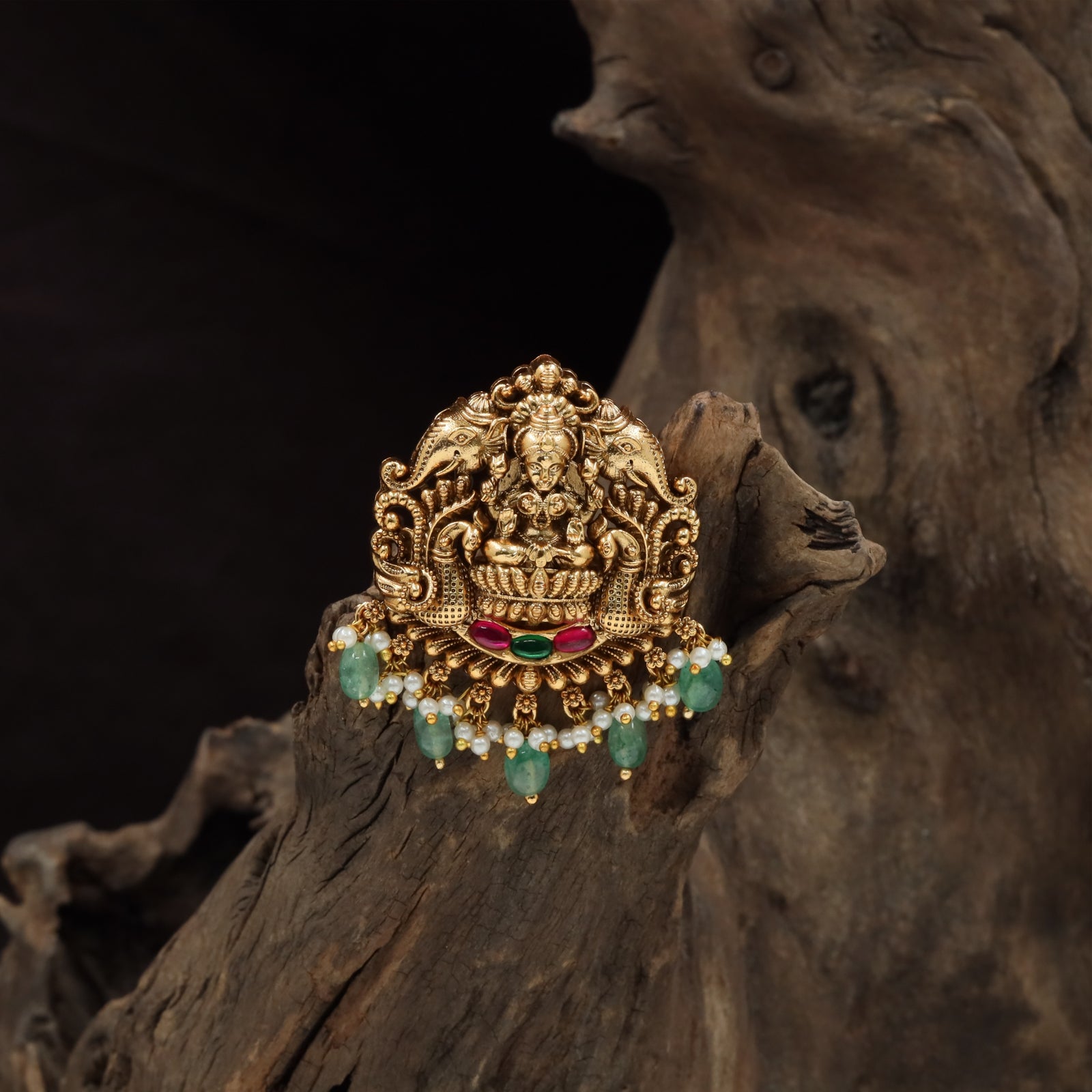 Traditional temple arch jade bille with seated Lakshmi and bead fringe detailing