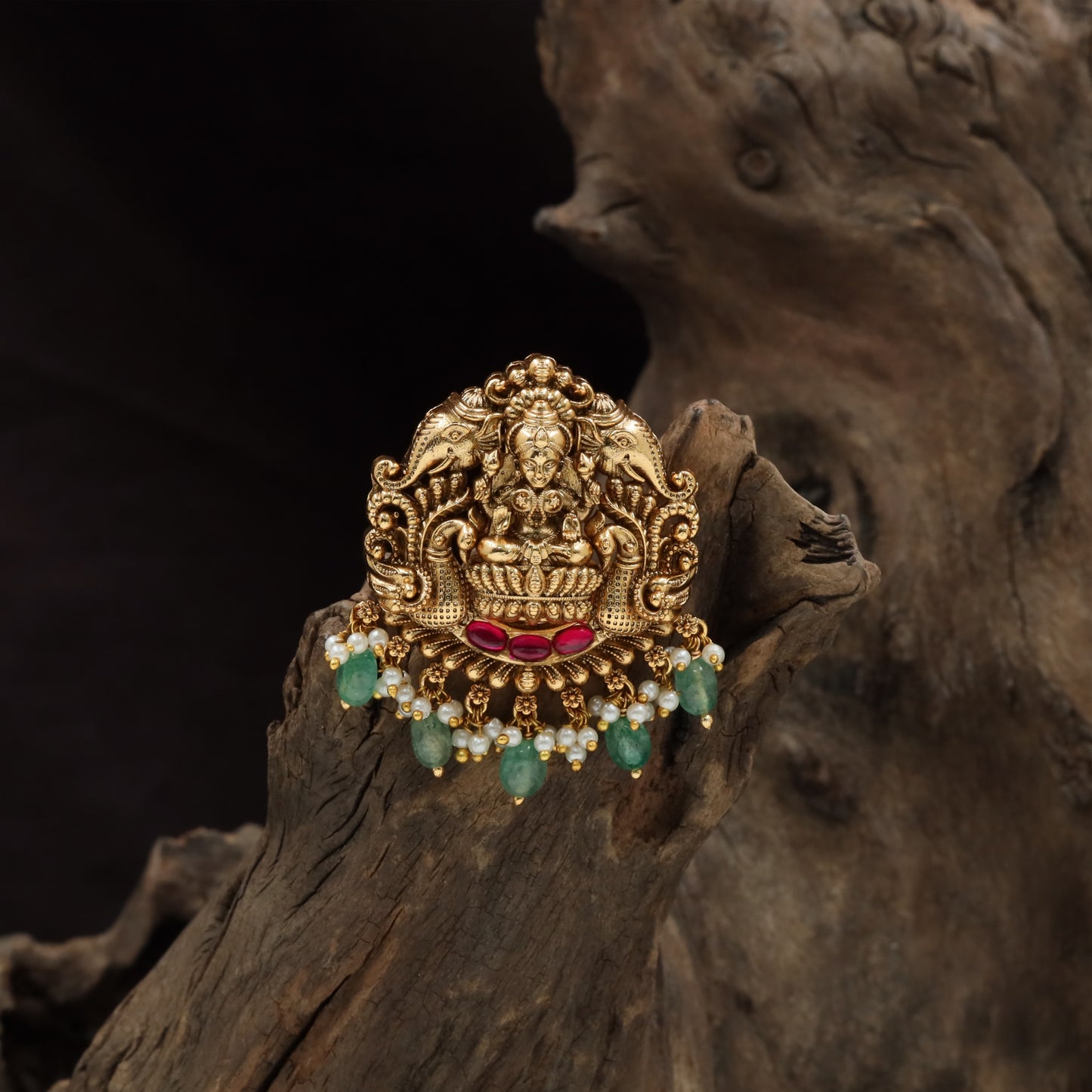Traditional temple arch jade bille with seated Lakshmi and bead fringe detailing