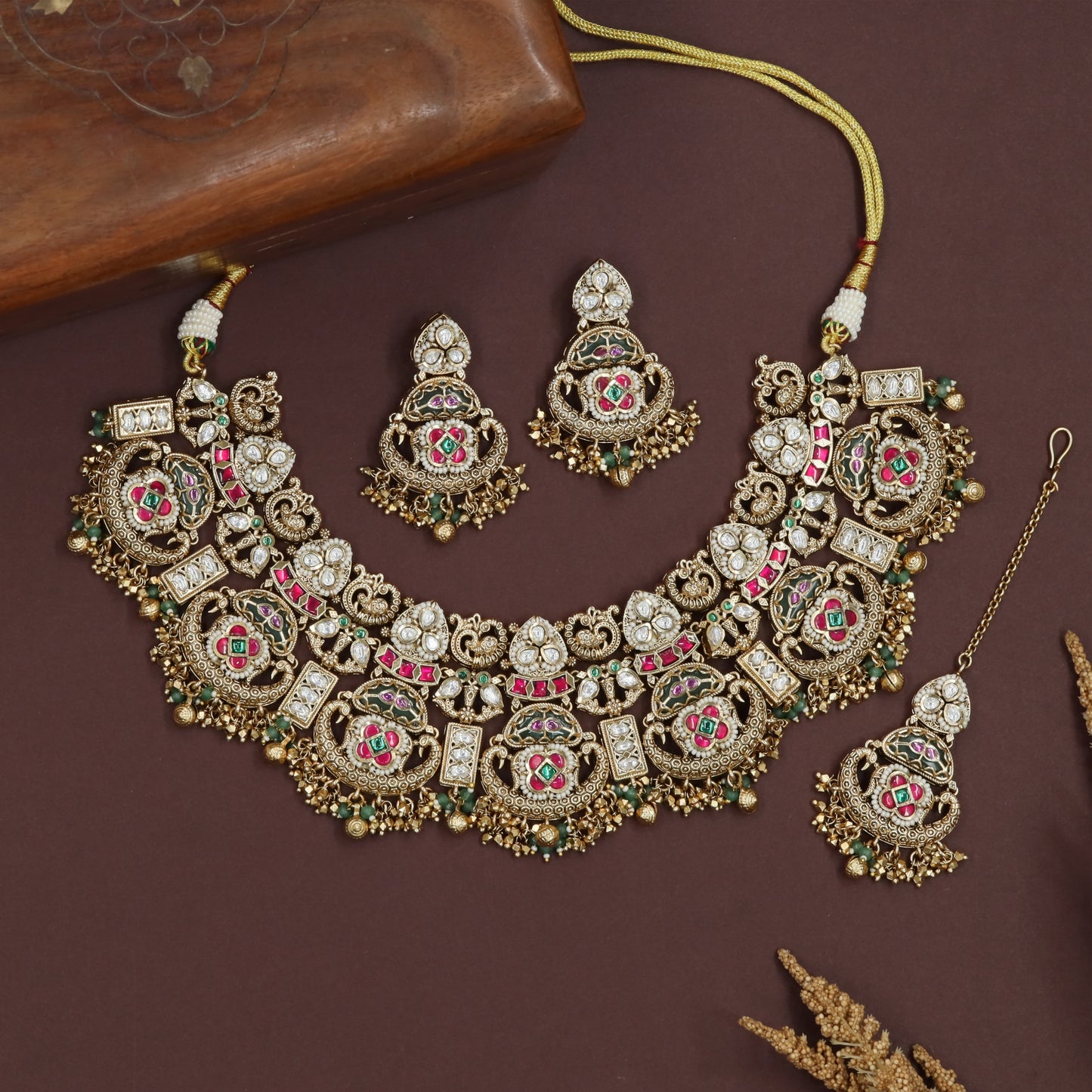 Jewel peacock cluster kundan necklace with dense round panels and bead edging
