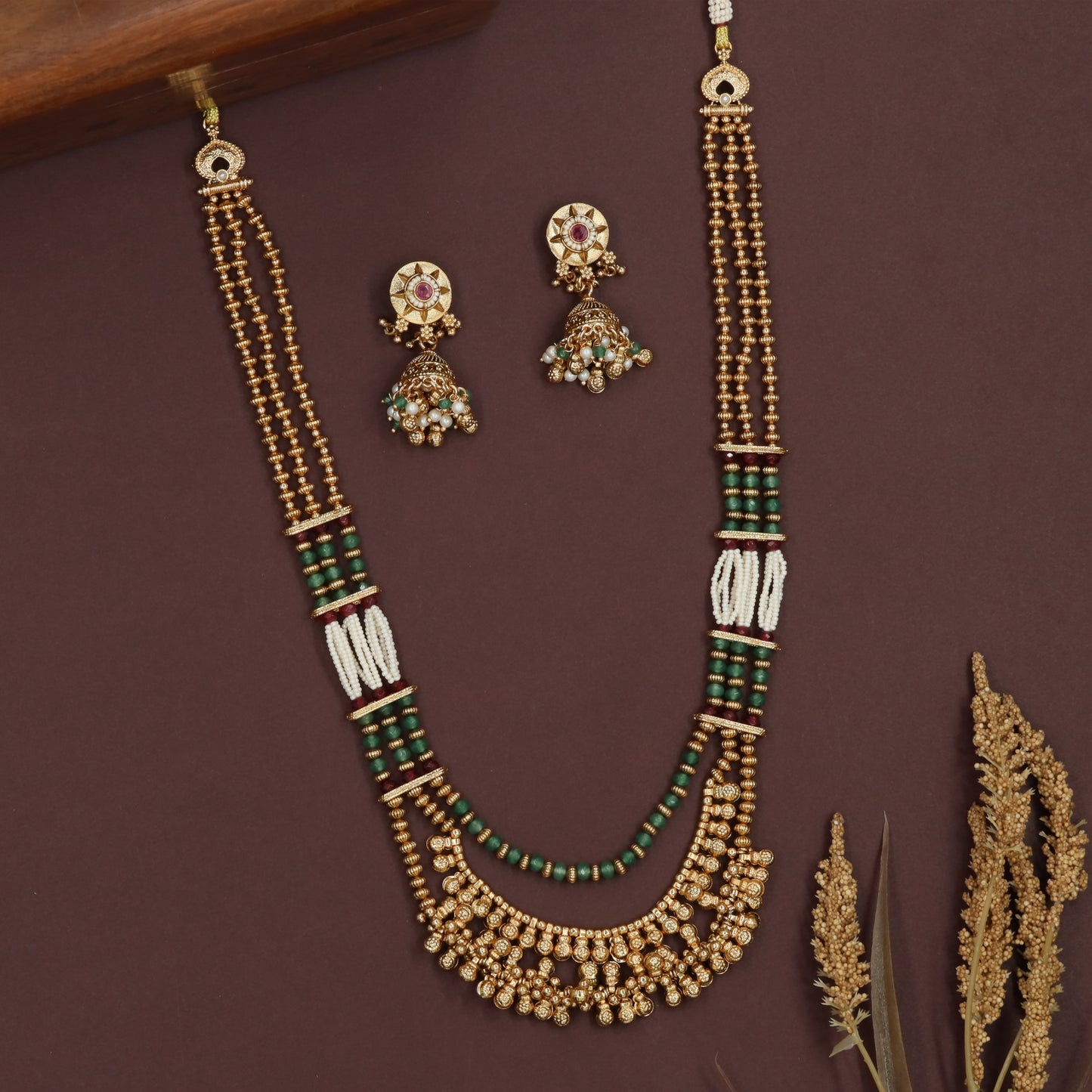 Segmented multi strand antique beads necklace with vertical chain panels