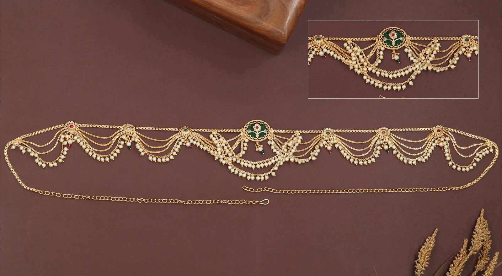 Grand centerpiece waist belt with cascading strands and scalloped chain arches
