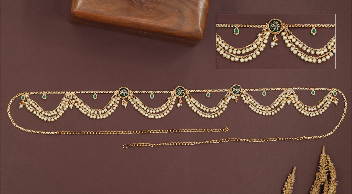 Scalloped chain waist belt with layered bead drapes and round connector discs