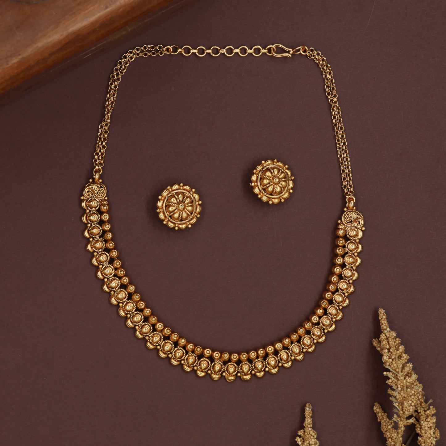 Beaded disc antique necklace with double row coin units and side scroll connectors