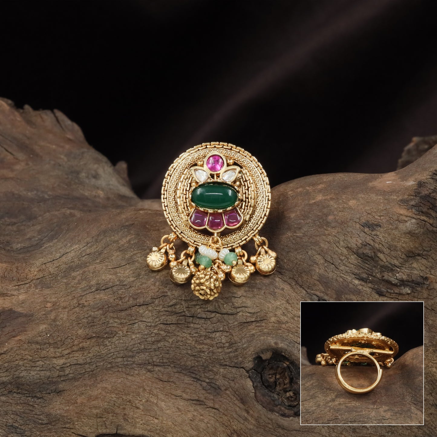 Woven Texture Disc Kundan Finger Ring with Raised Oval Center and Fringe Drop Charms