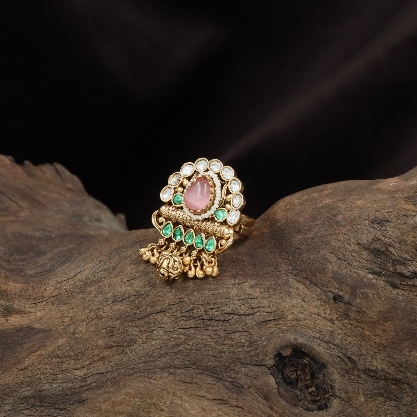 Traditional kundan finger ring with framed top unit and drop hanging cluster