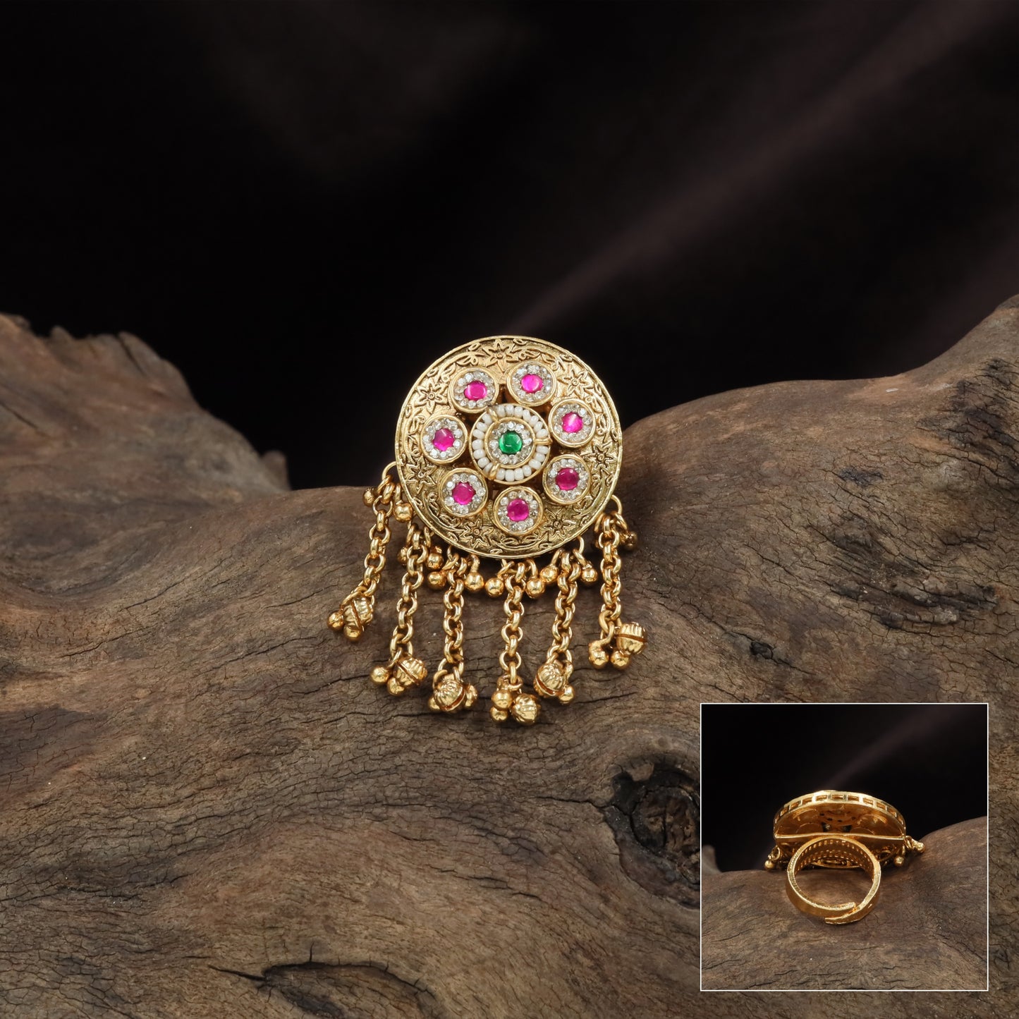 Floral cluster kundan finger ring with carved disc base and dangling bead chains