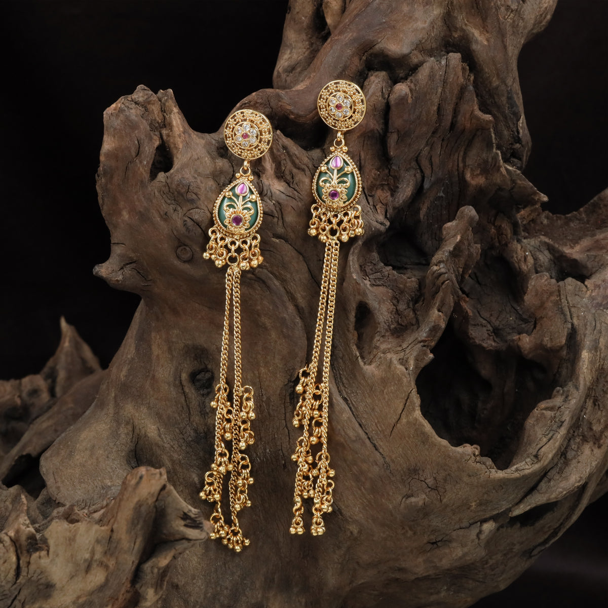 Netted Disc Kundan Hangings with Long Chain Fringe