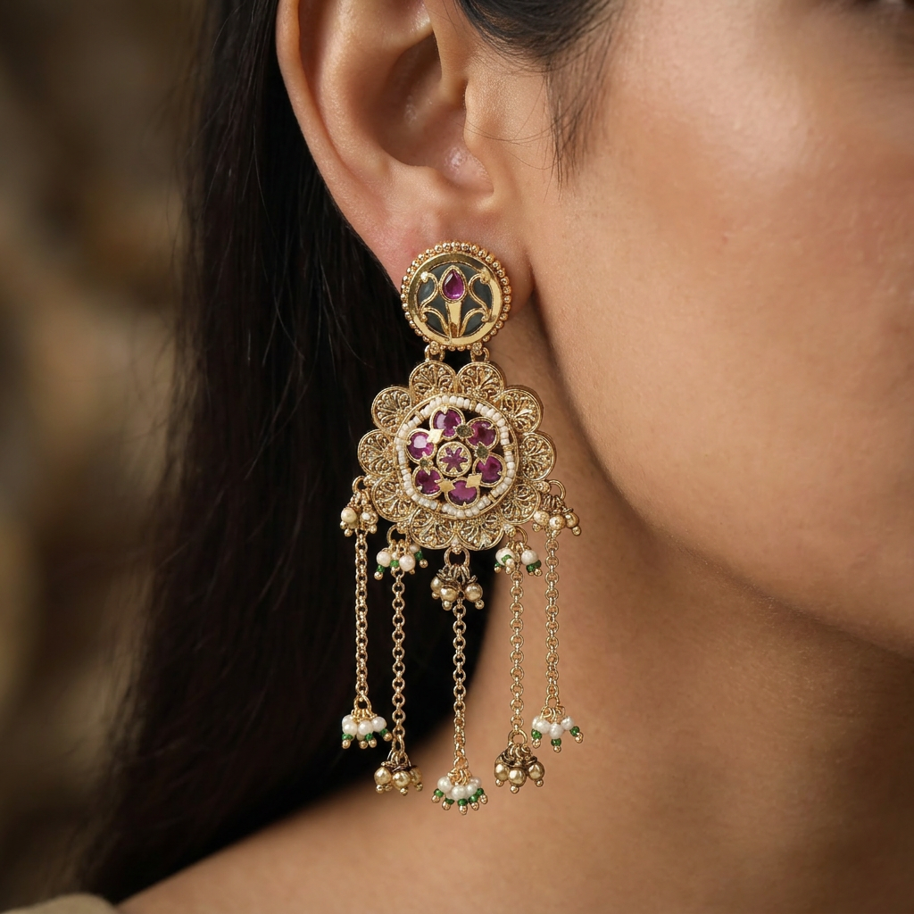 Gildora Disc Kundan Hanging with Multi Chain Fringe