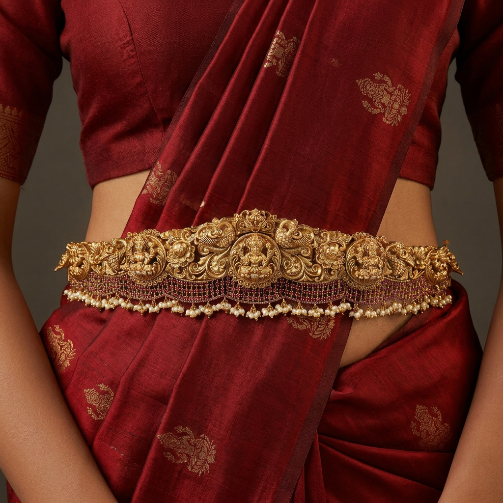 Royal Lakshmi Dabu with Peacock Side Panels and Pearl Fringe Layers
