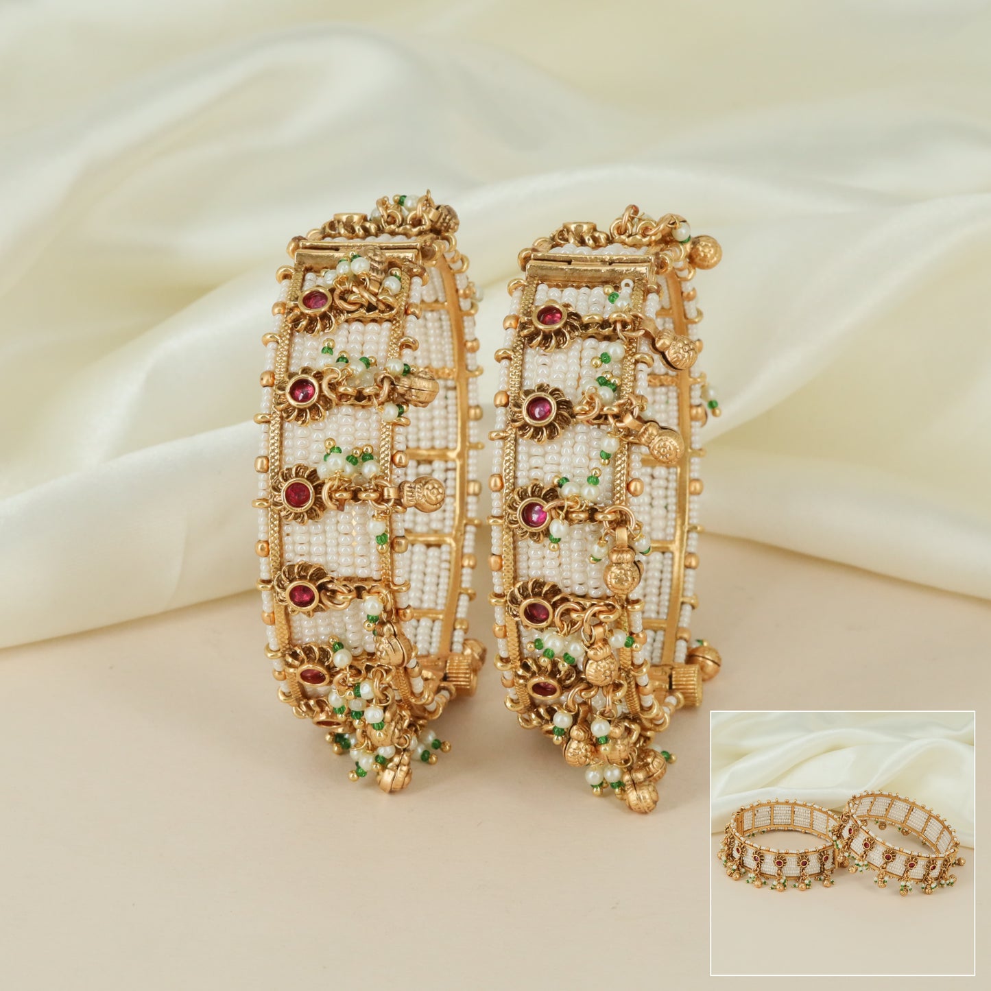 Classic Beaded Layout Kundan Bangles with Textured Ornament Styling