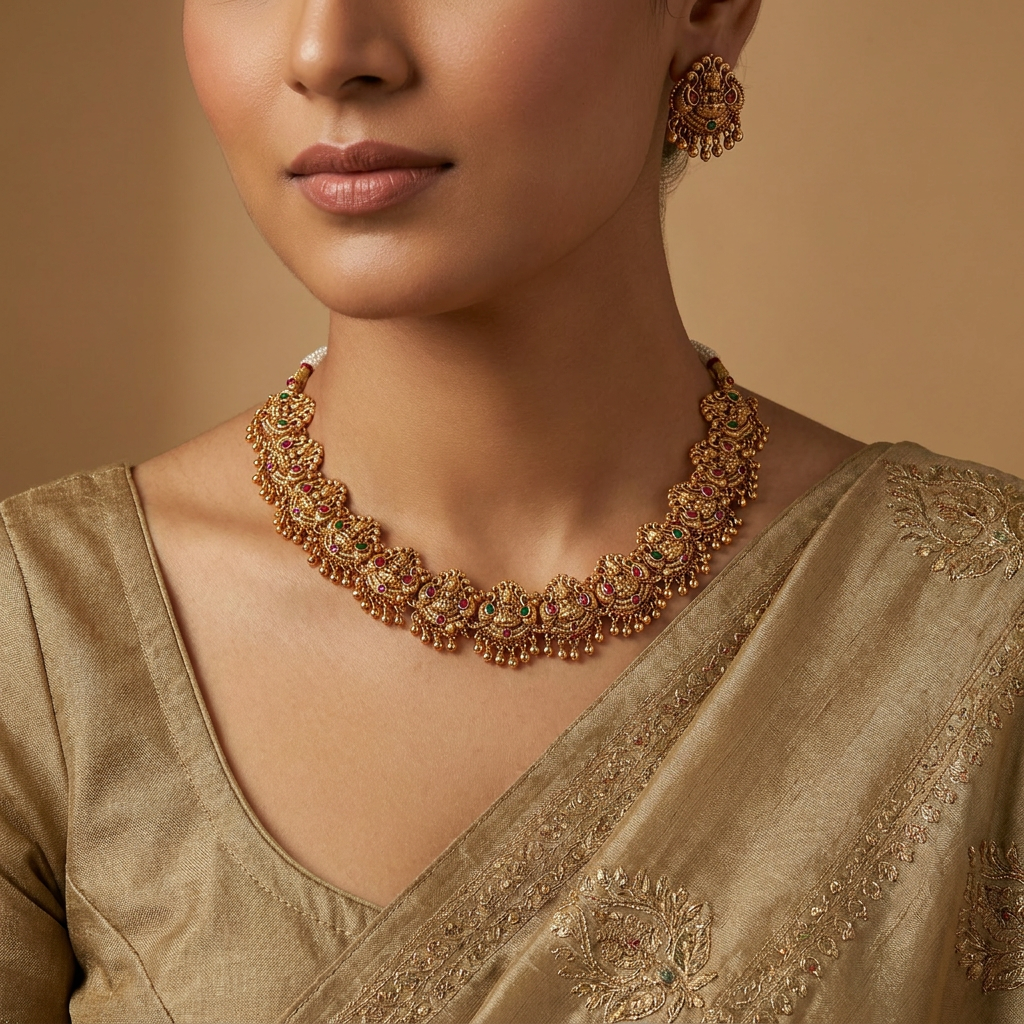 Royal Paisley Necklace with Lakshmi Temple Border Detailing
