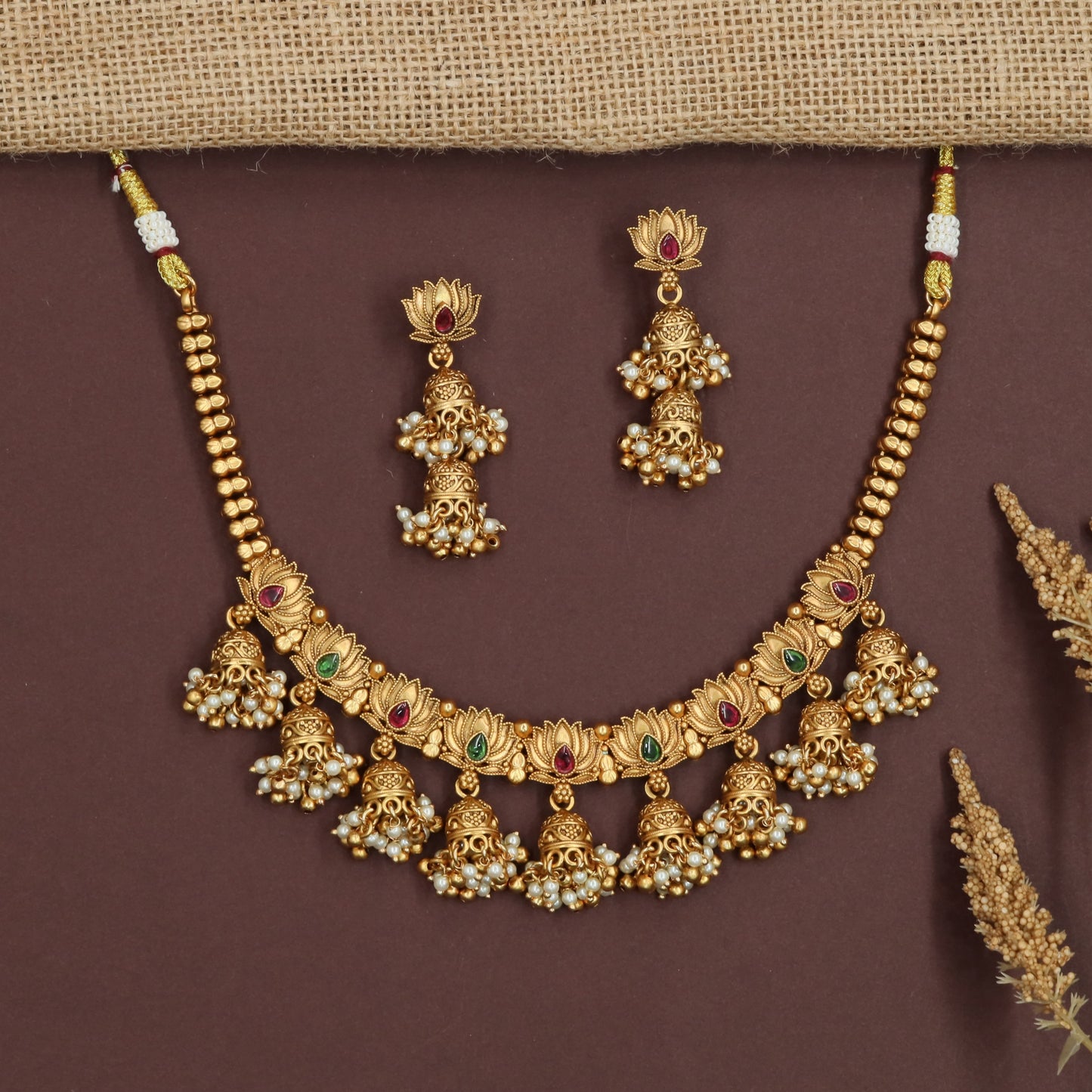 Majestic Temple Antique Necklace with Pearl Fringe Bell Hangings