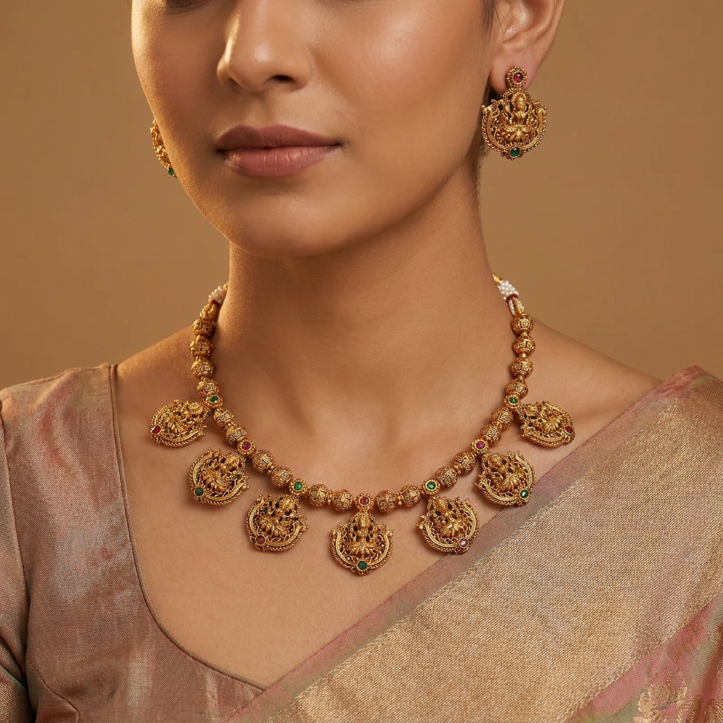 Golden Temple Antique Necklace with Hanging Lakshmi Coin Fringe