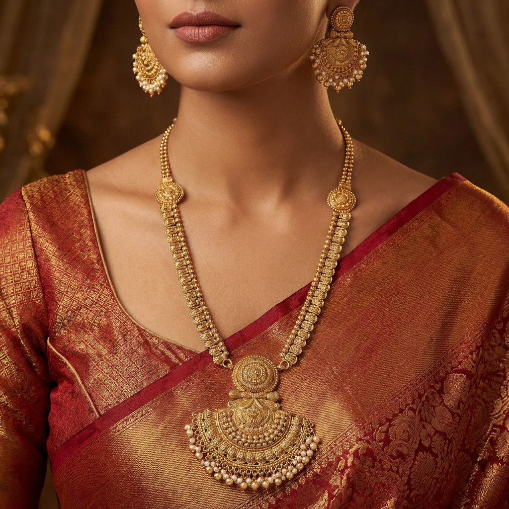 Drape Temple Long Haara with Circular Connector Chain and Curved Pendant Center
