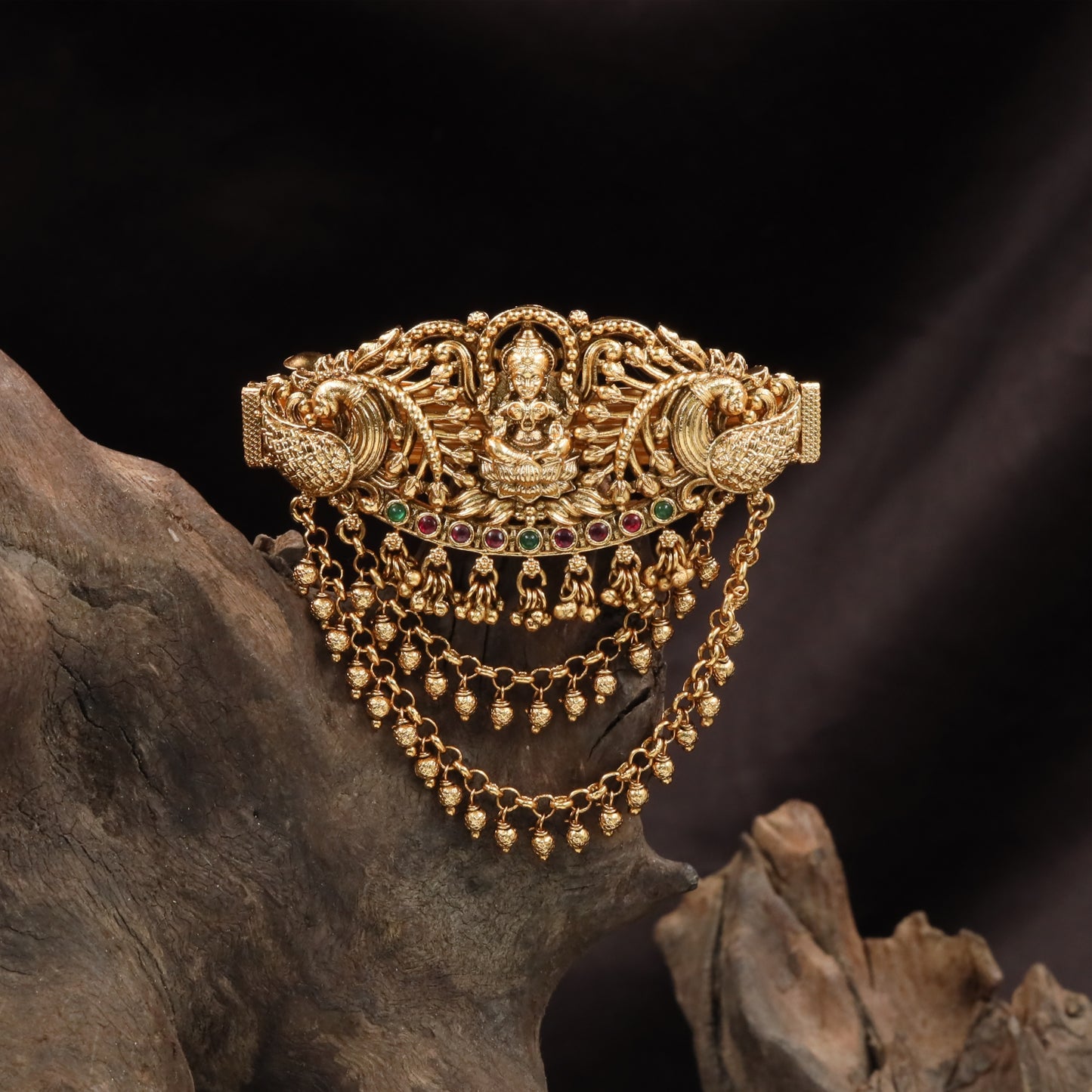 Royal Peacock Clip with Lakshmi Center and Pearl Chain Drapes