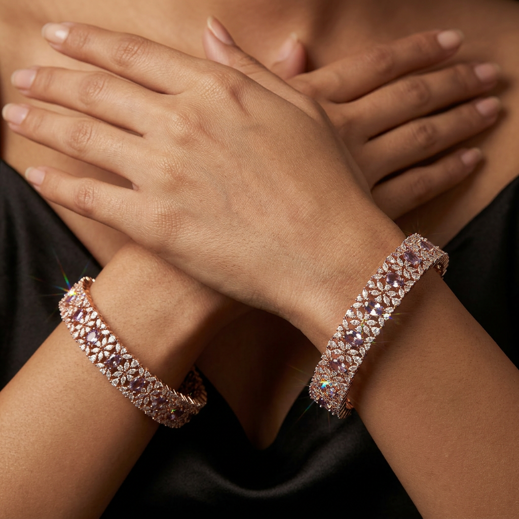 Forge Blossom Circuit Rose Gold Bangles with Ornamental Border Design