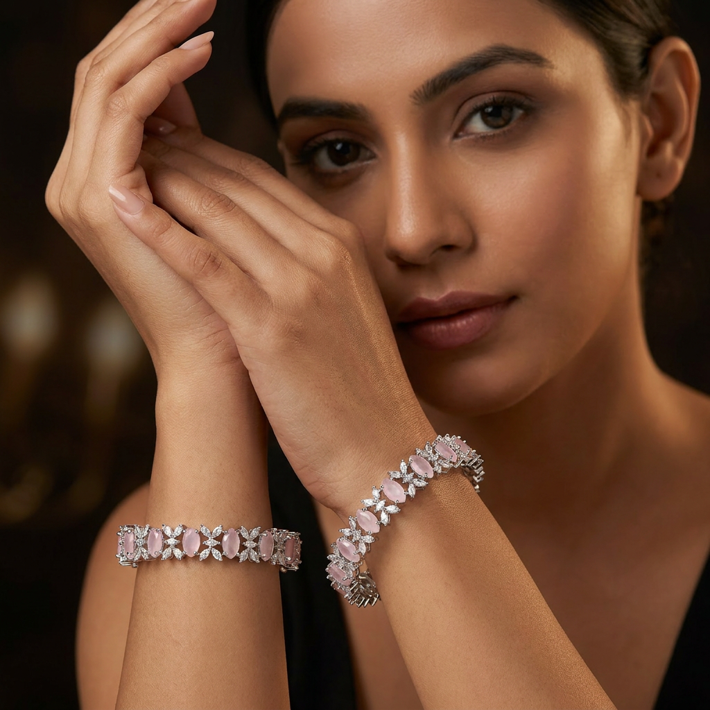 Highlight Border Rhodium Bangles with Dimensional Surface Pattern