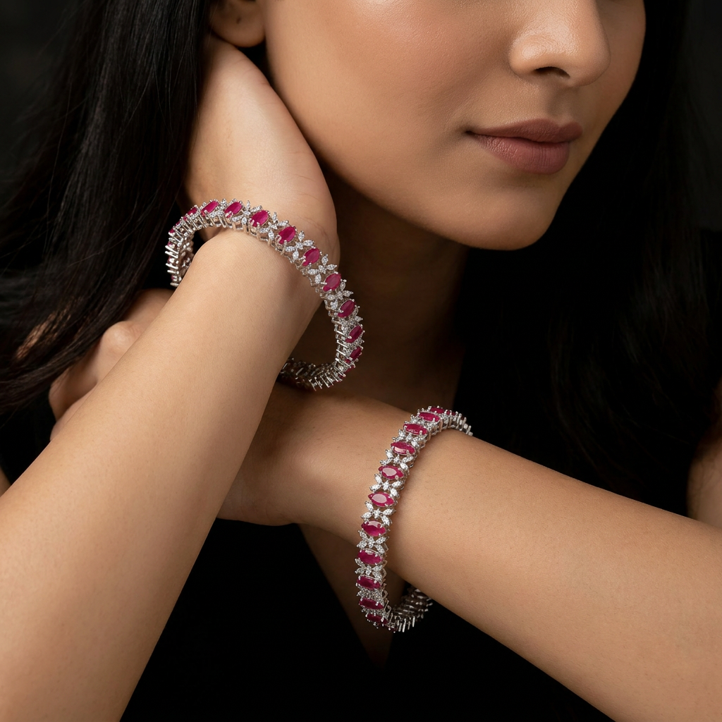Leaf Pattern Rhodium Bangles with Detailed Connector Formation