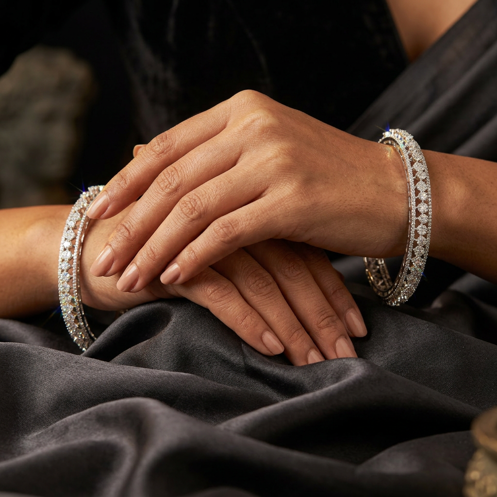Modern Gridline Rhodium Bangles with Continuous Structural Detailing