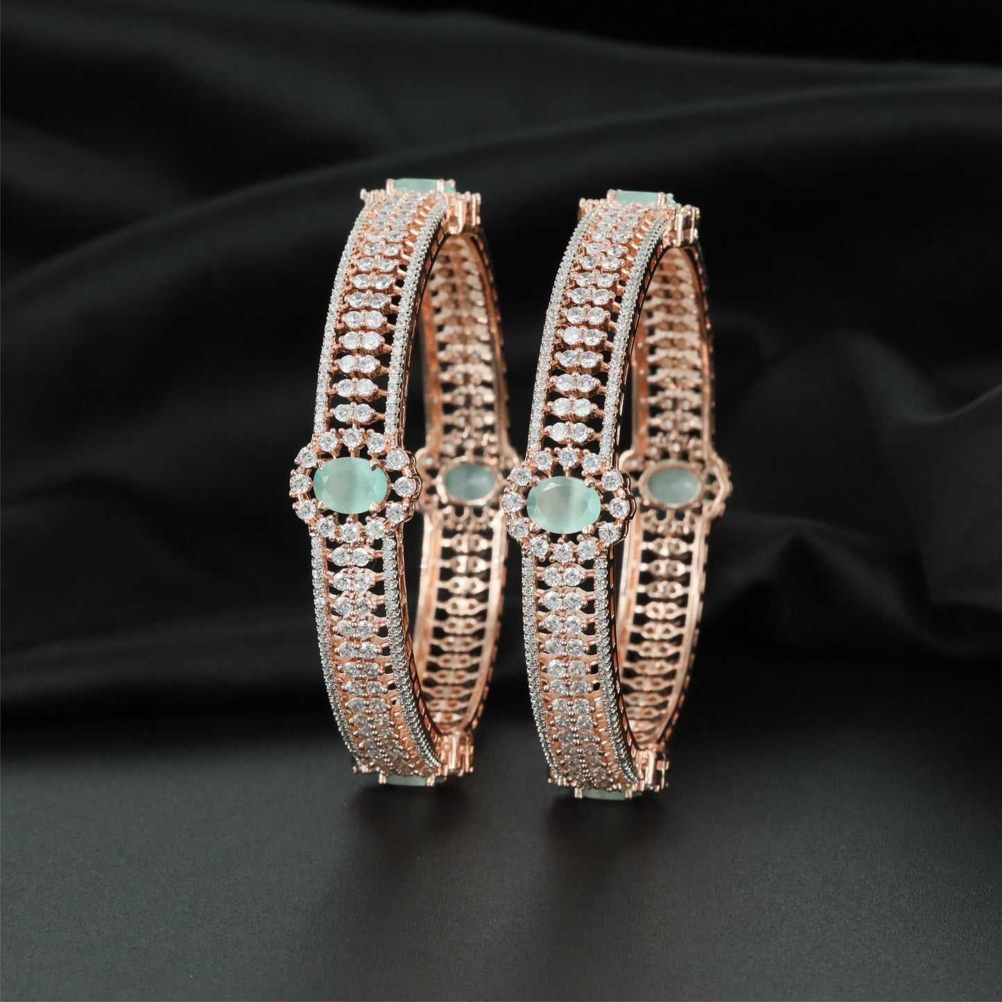 Halo Centre Rose Gold Bangles with Oval Accent Detailing