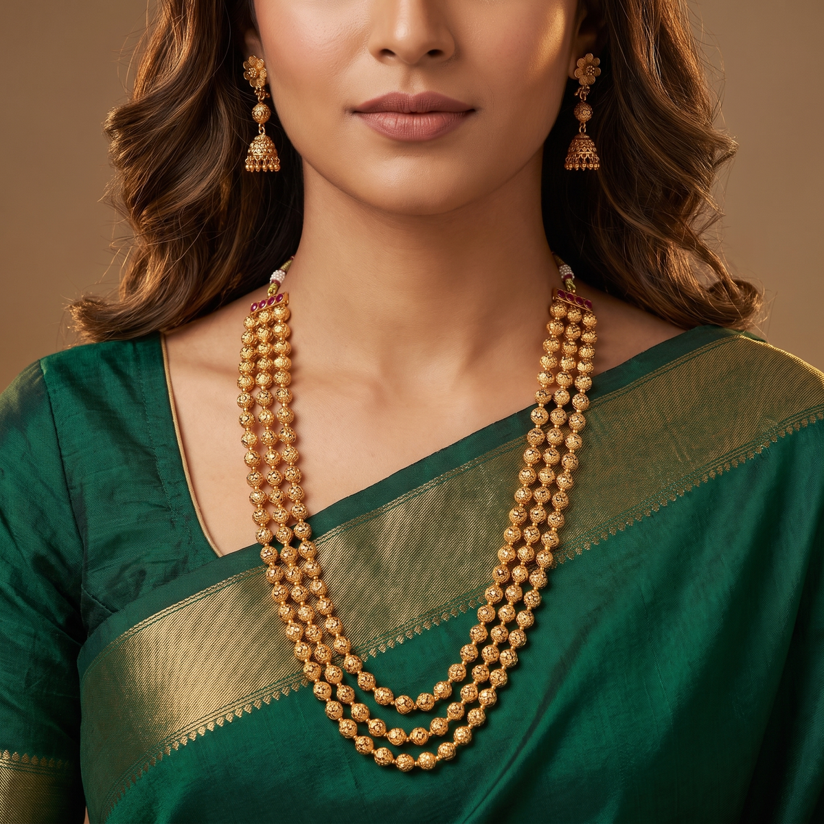 Junewood Temple Beads Necklace with Curved Triple Chains