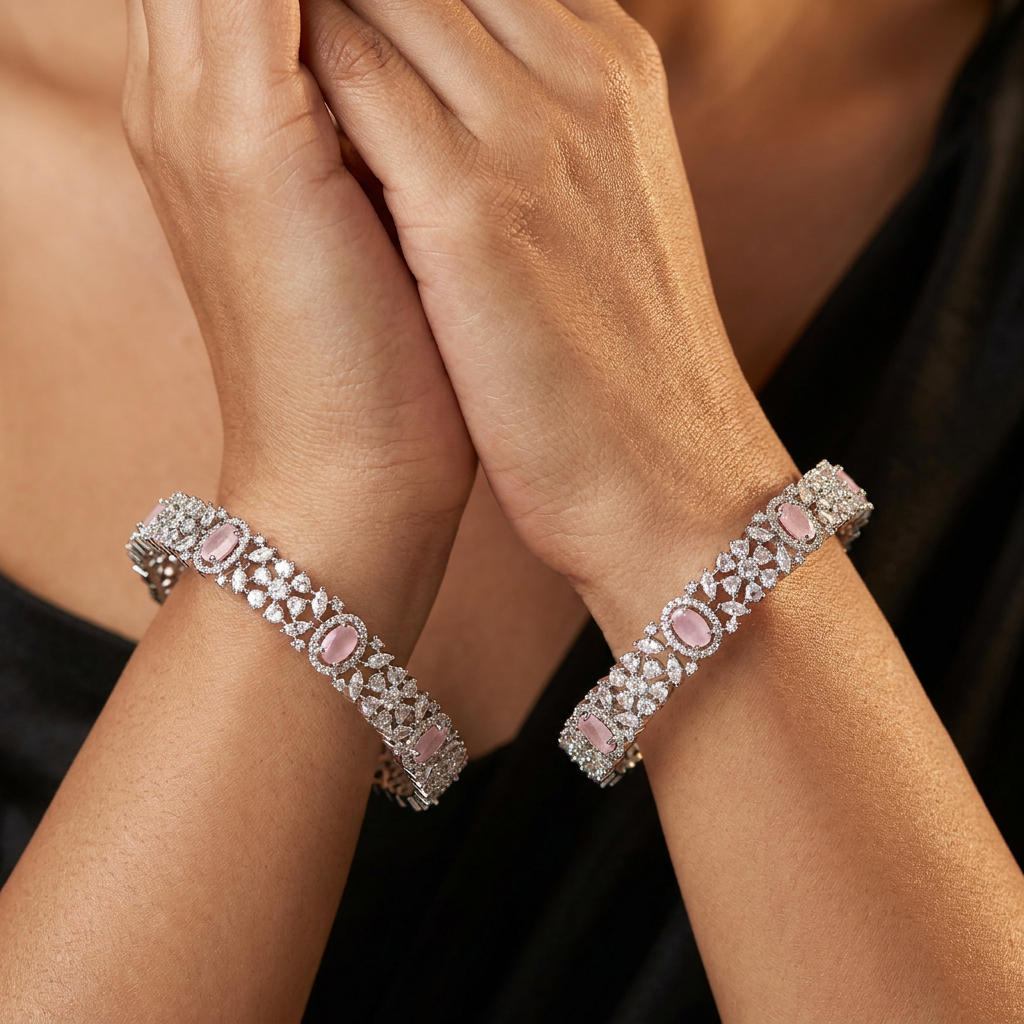 Bloom Trellis Rhodium Bangles with Structured Cluster Design