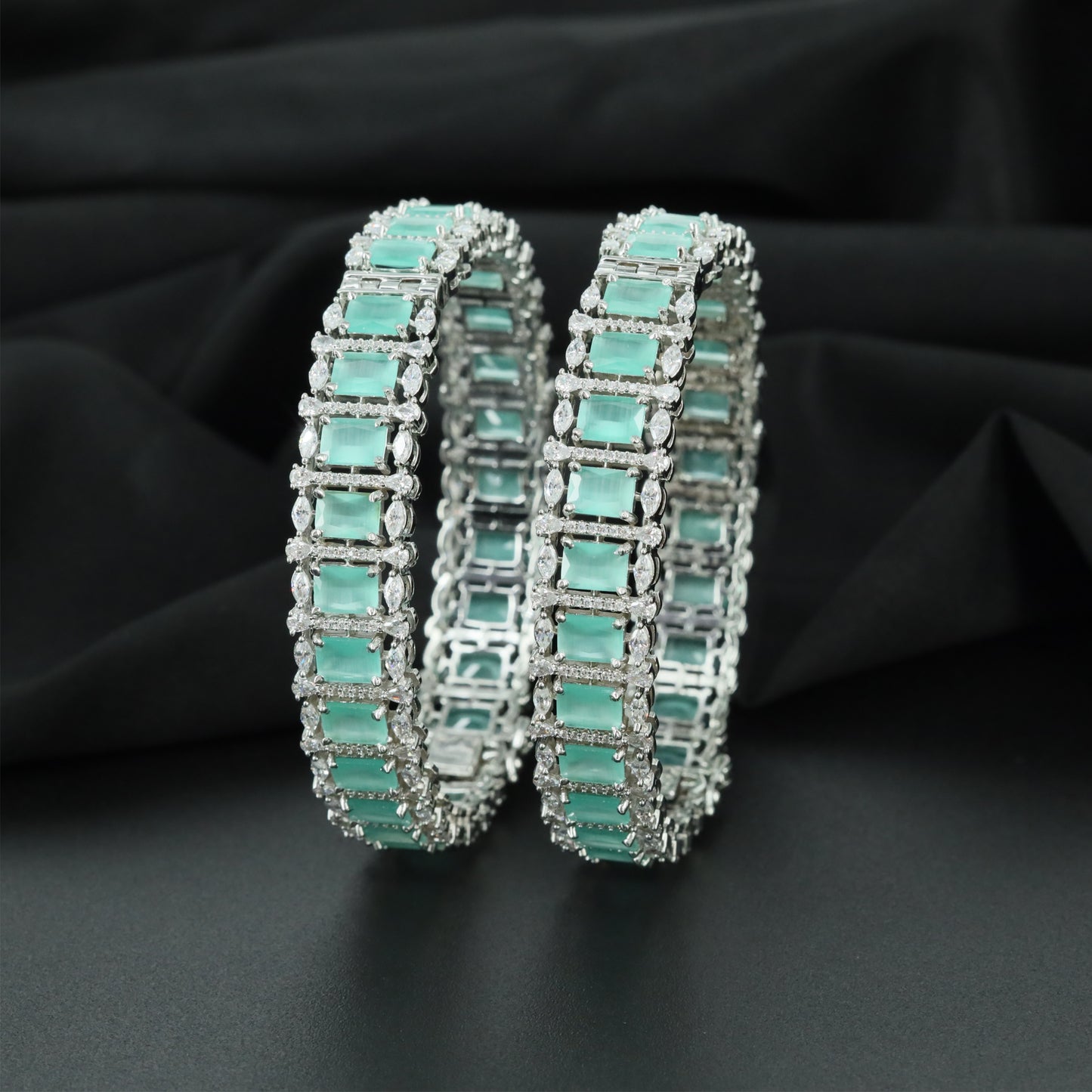 Couture Rhodium Bangles with Structured Rectangular Linkwork