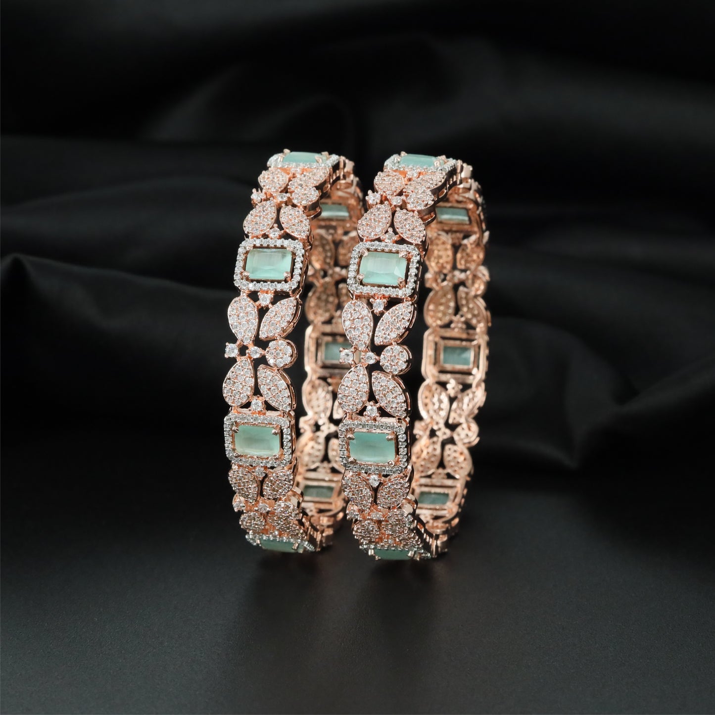 Royal Floral Frame Rose Gold Bangles with Square Accent Sections