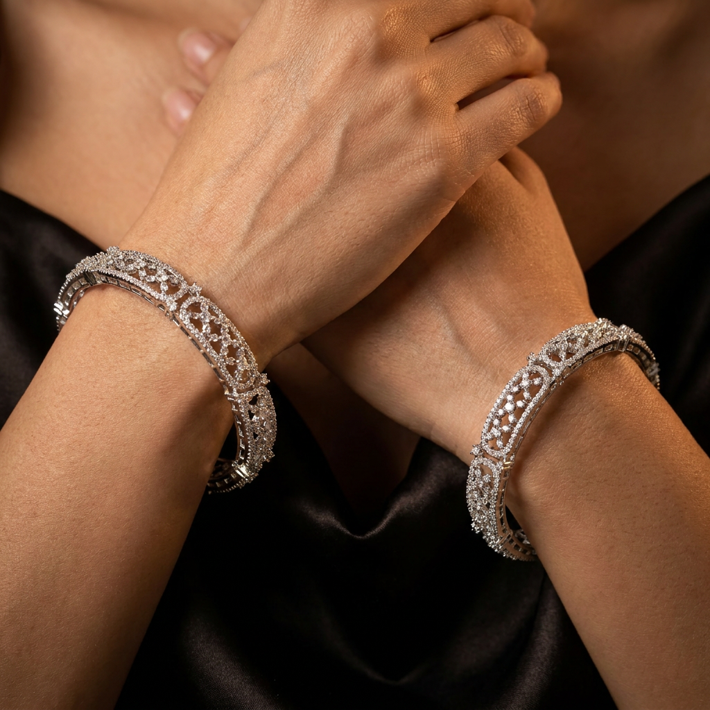 Skyline Filigree Rhodium Bangles with Decorative Border Alignment