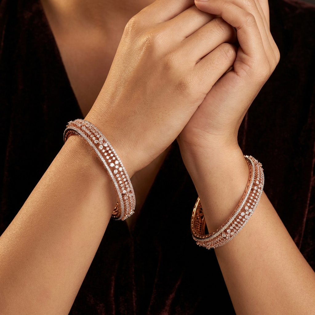 Beacon Floral Rose Gold Bangles with Detailed Side Construction