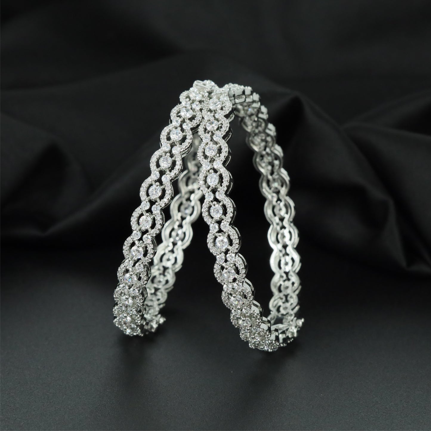 Contour Chain Rhodium Bangles with Ornamental Open Structure