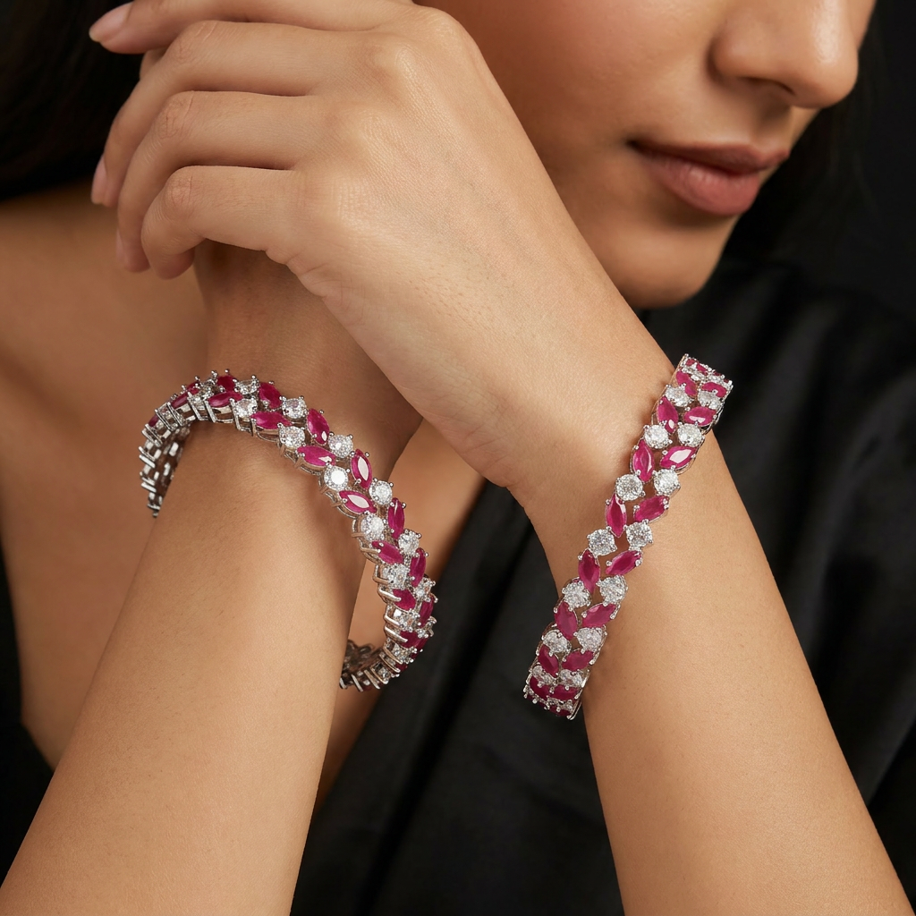 Jewel Matrix Rhodium Bangles with Textured Open Frame Pattern
