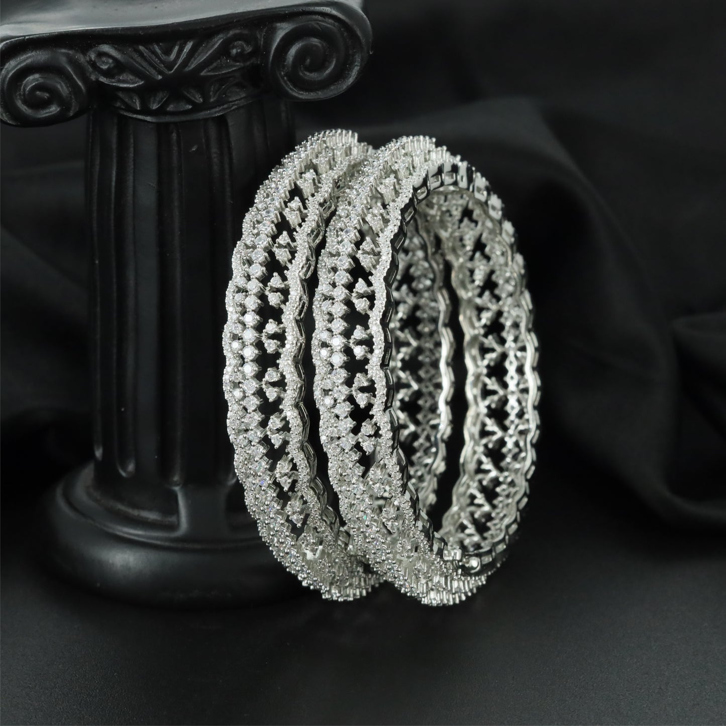 Regalia Floral Rhodium Bangles with Detailed Side Framework