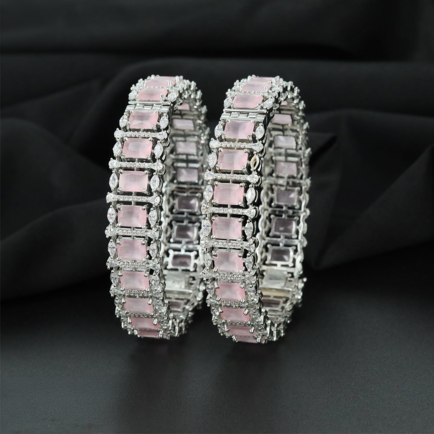 Modern Rhodium Bangles Designed with Symmetrical Panelwork