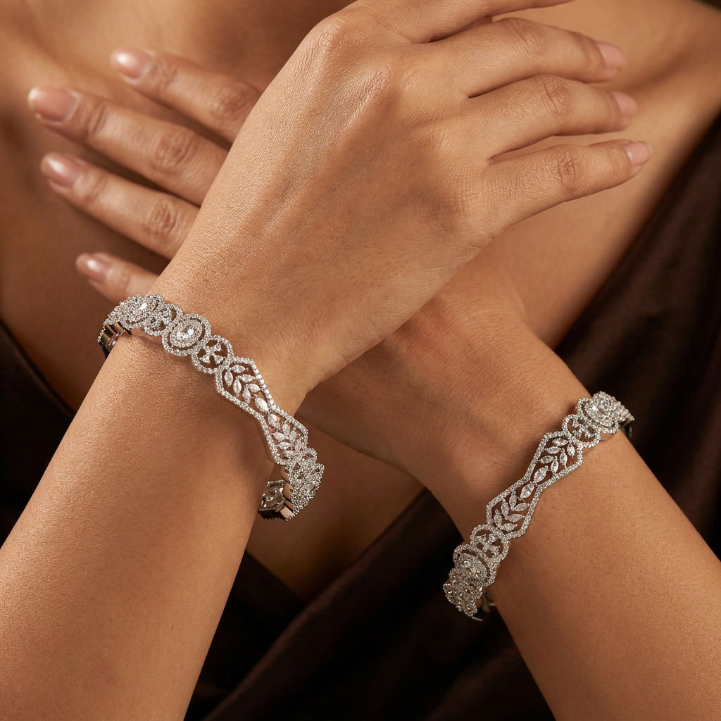 Orbit Crest Rhodium Bangles with Oval Centre Alignment