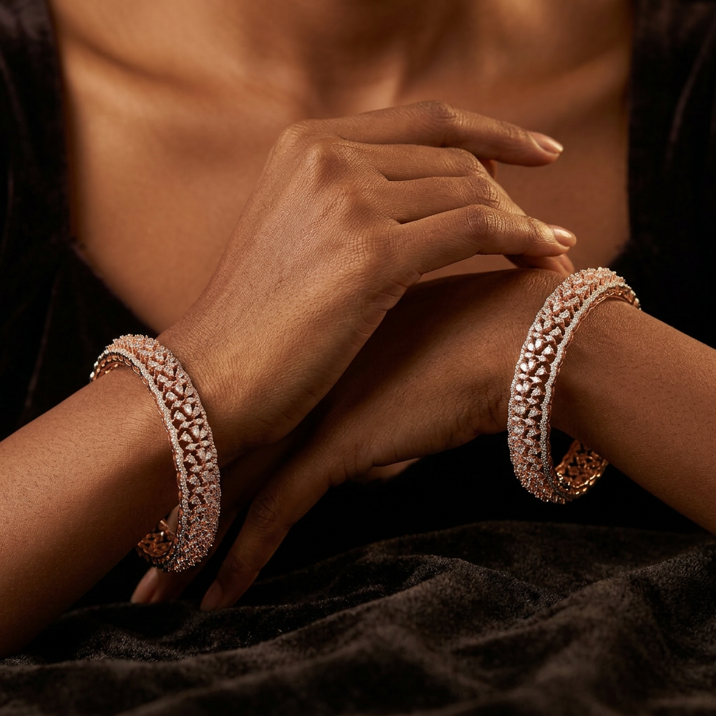 Jewelled Weave Track Rose Gold Bangles with Refined Border Construction