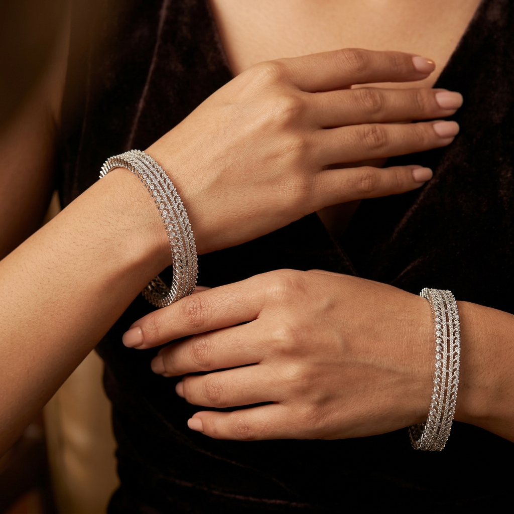 Textured Twin Rail Rhodium Bangles with Refined Edge Detailing