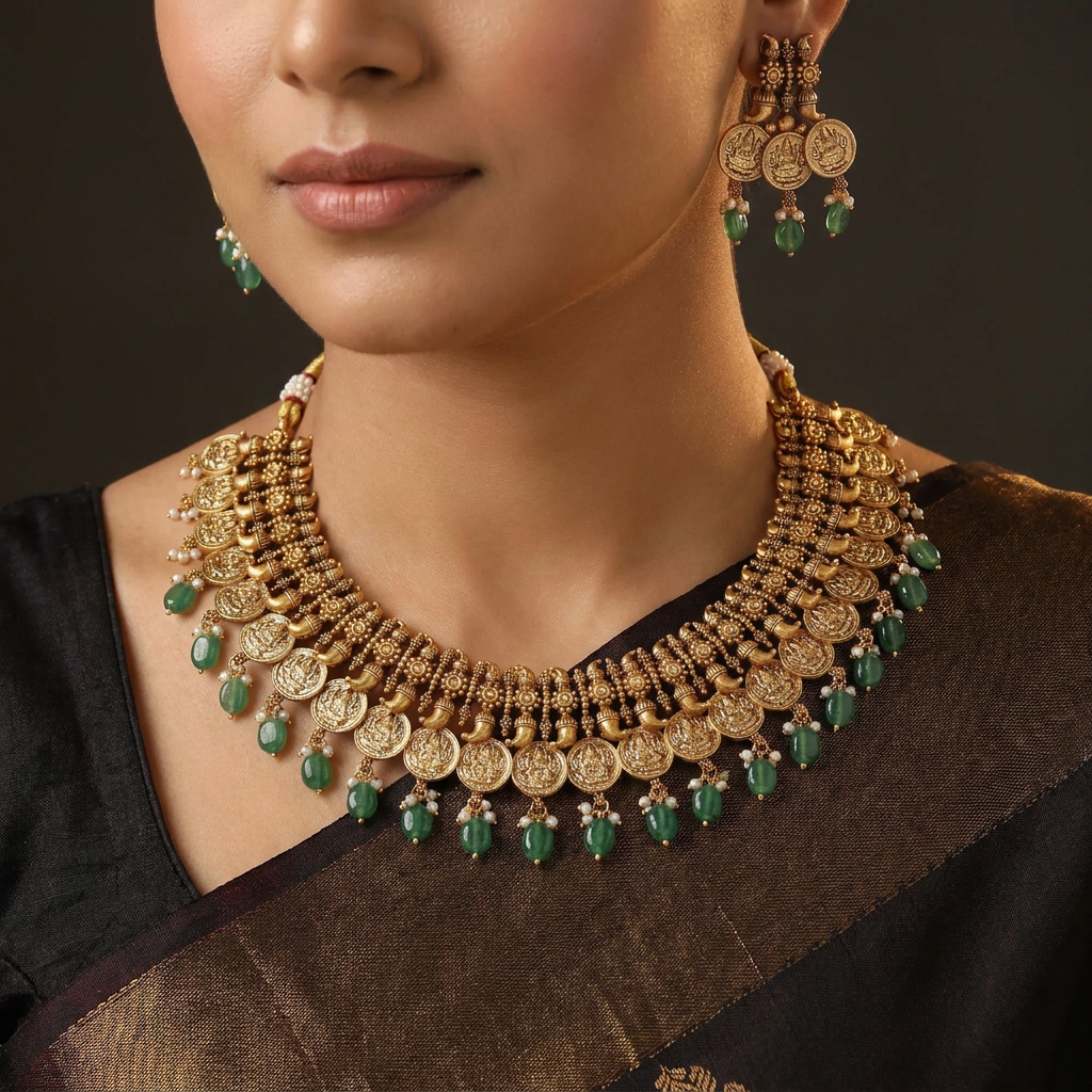 Vintage Lakshmi Border Necklace with Dense Coin Arrangement