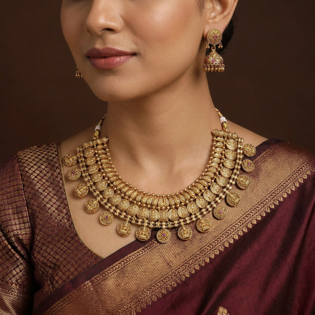 Coin Drop Temple Necklace with Dense Lakshmi Border Detailing