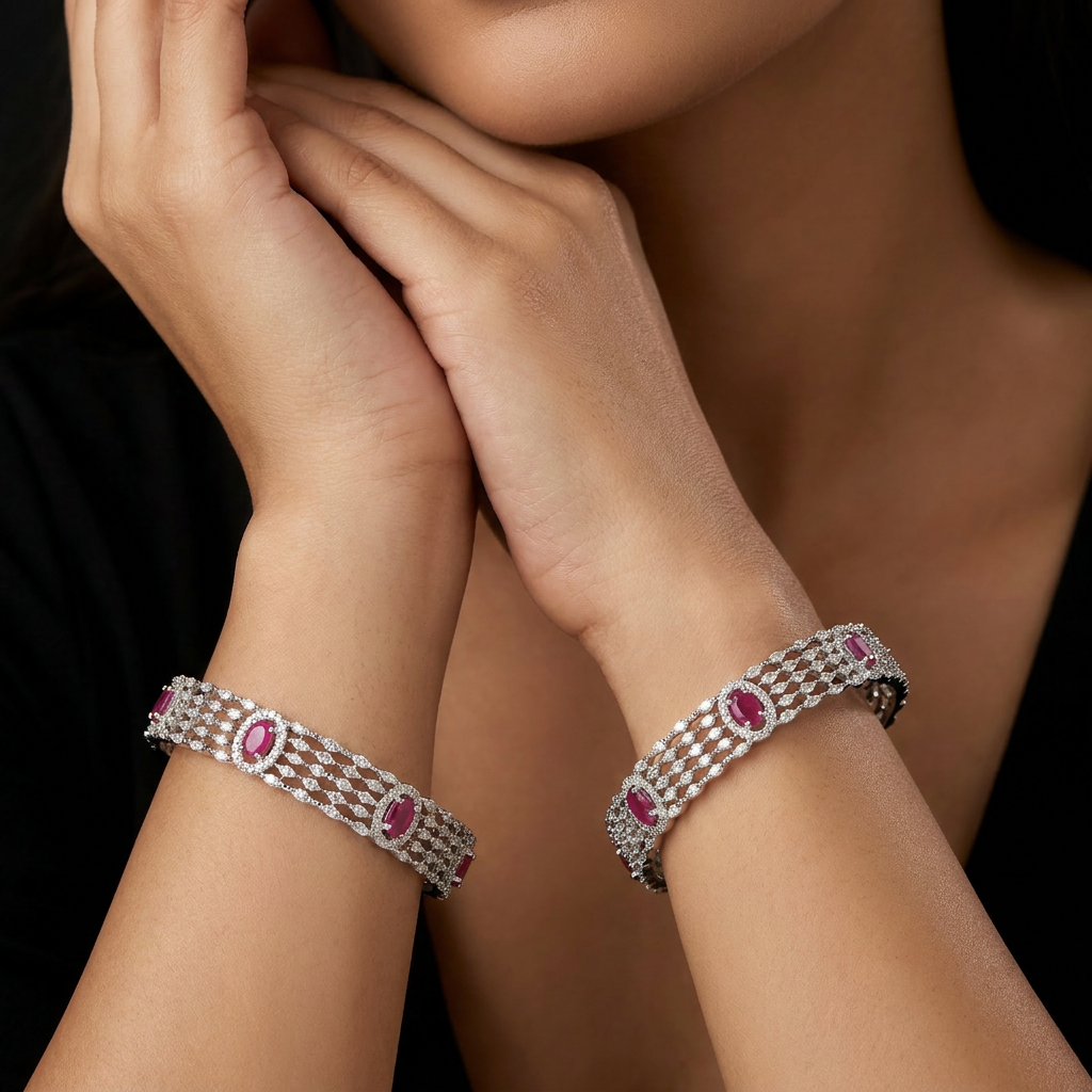 Cascade Grid Rhodium Bangles with Structured Openwork Layout