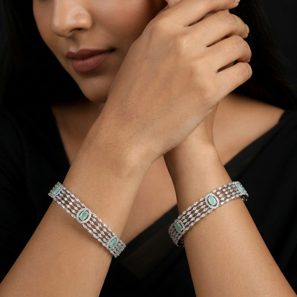 Aster Oval Accent Rhodium Bangles with Repeating Centre Sections