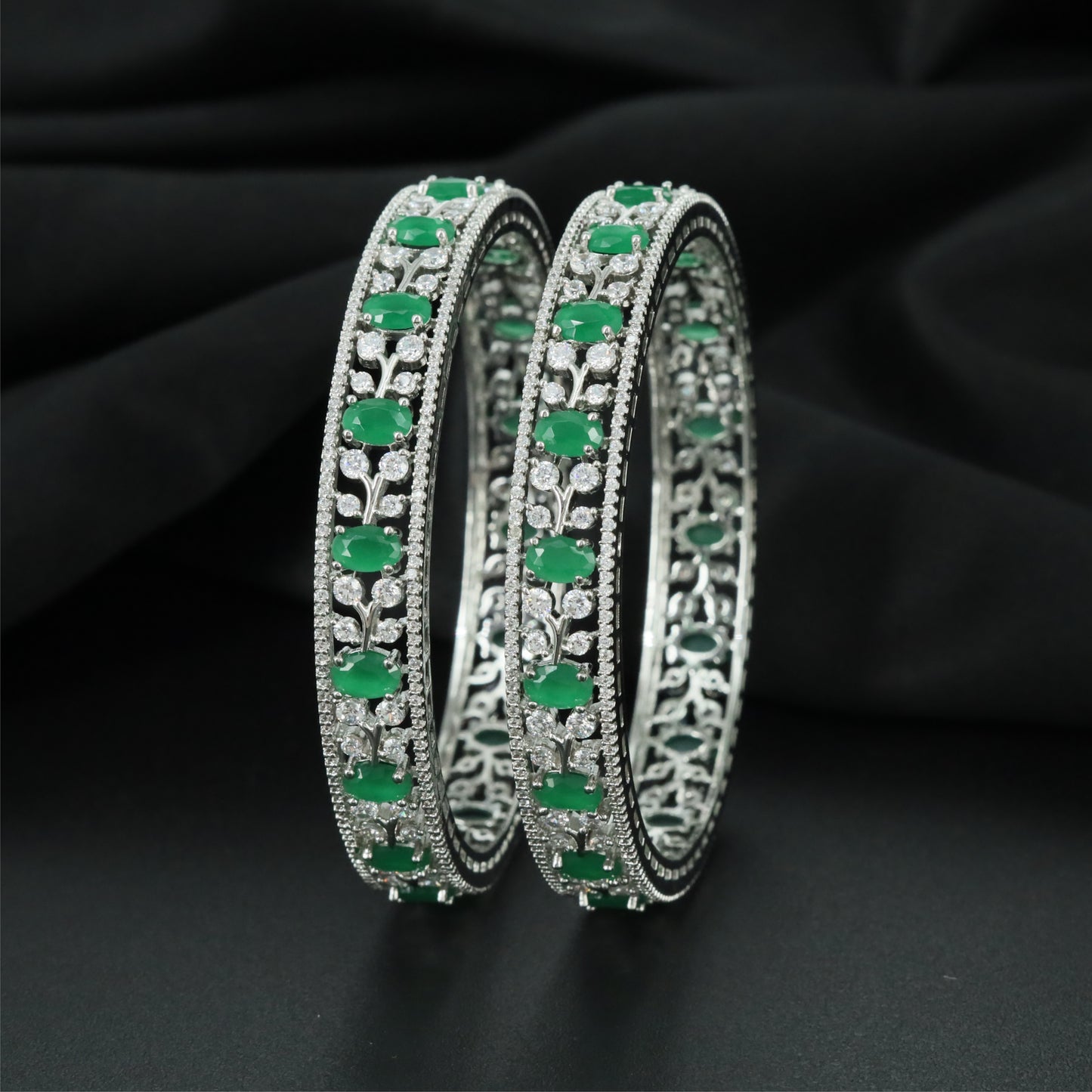 Jasmine Border Rhodium Bangles with Continuous Framework Design