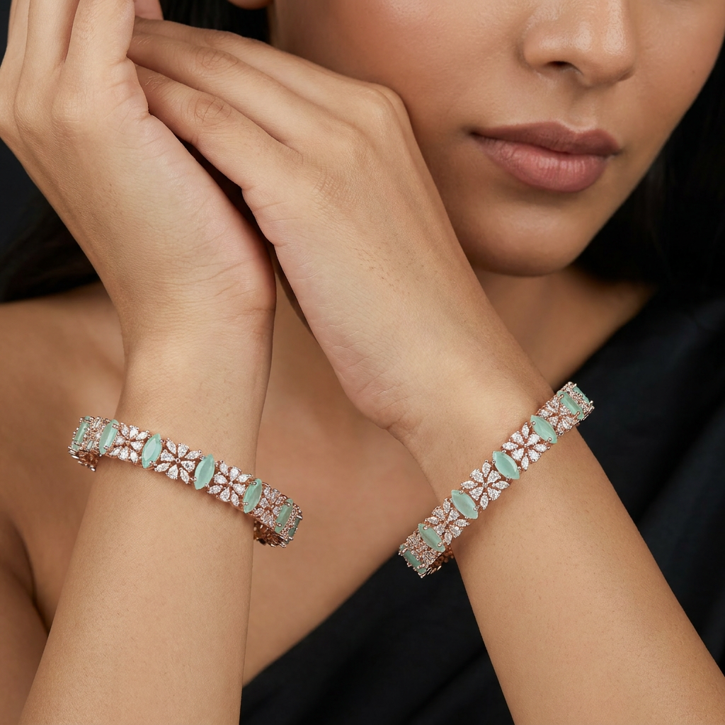 Amber Petal Frame Rose Gold Bangles with Repeating Floral Highlights